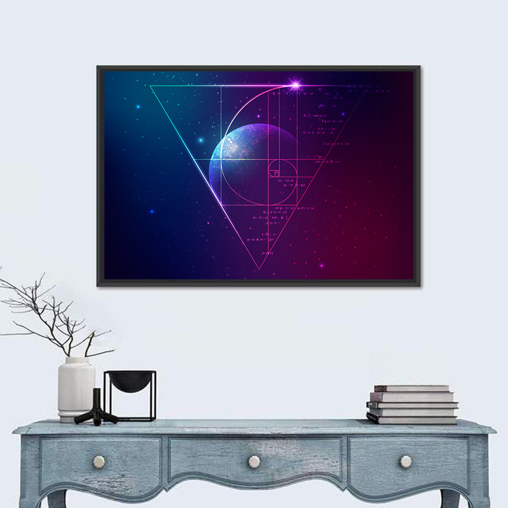 Golden Spiral Planet Wall Art in a room, landscape