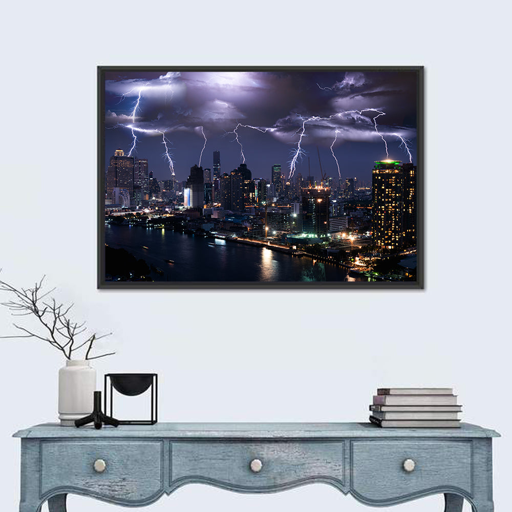 Night Lightning Over River Skyline Wall Art