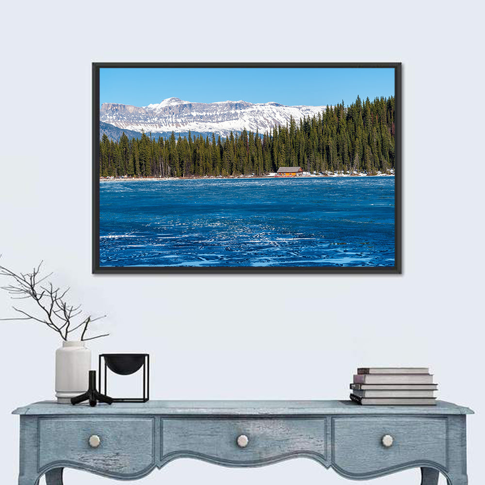 Boathouse on Frozen Lake Louise Wall Art