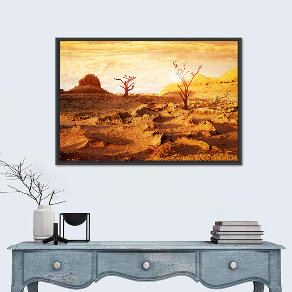 Skeletal Trees in Golden Desert Wall Art in a room, landscape