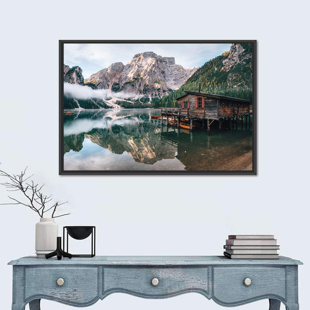Lago Di Braies Boat House Wall Art in a room, landscape