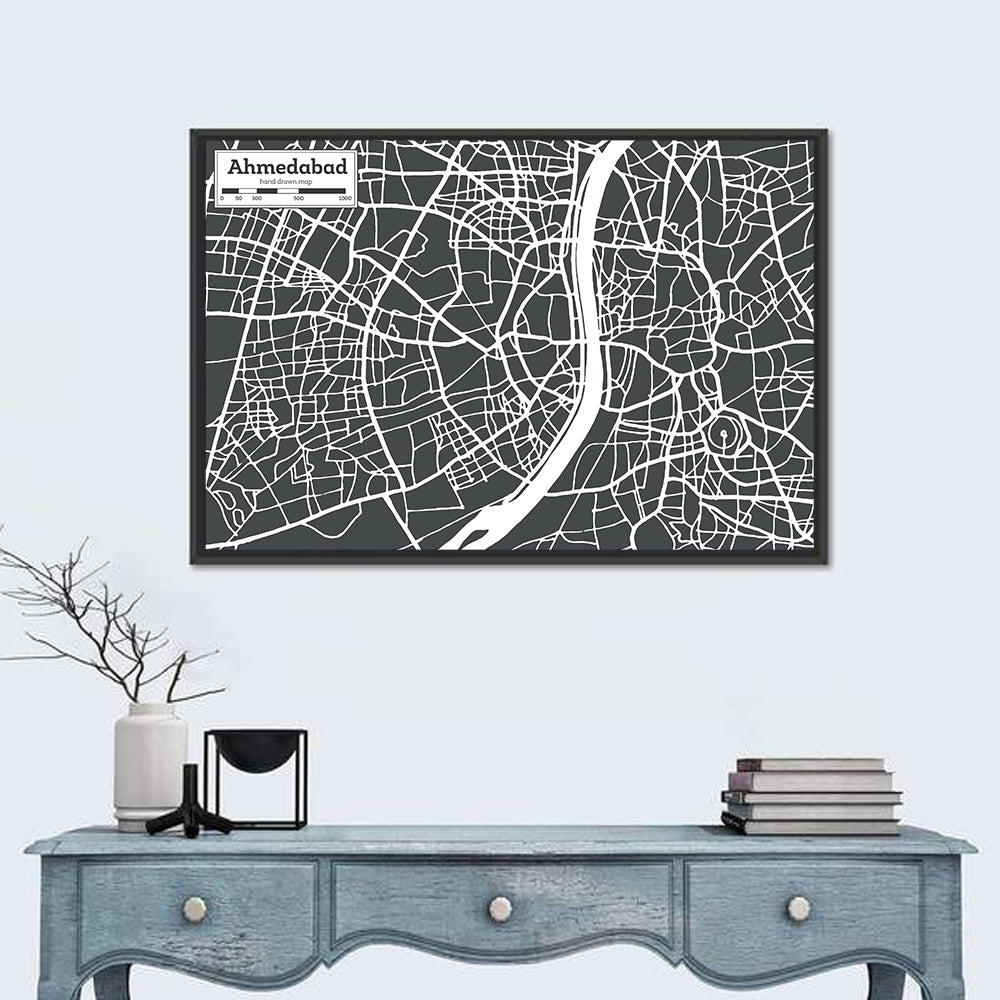 Ahmedabad Aerial Map, Minimalist Gray Wall Art