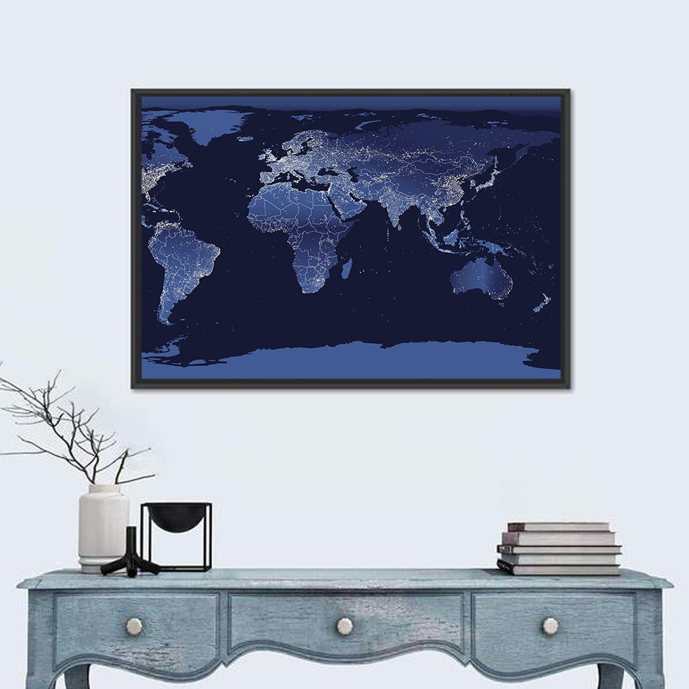 Global Night Lights Map Wall Art in a room, landscape
