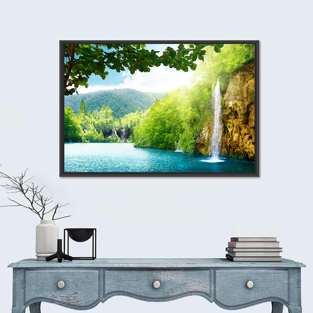 Plitvice Lakes Forest Waterfall Wall Art in a room, landscape