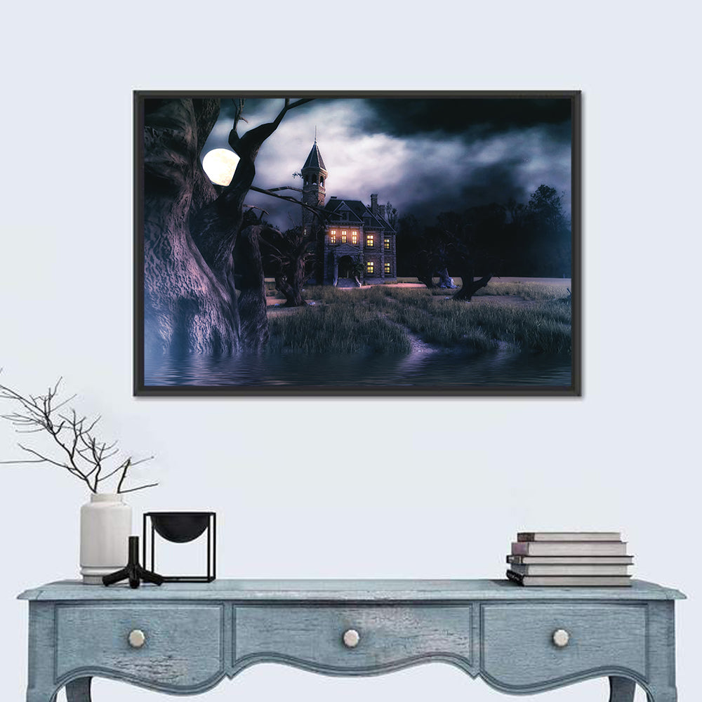 Moonlit Haunted House Wall Art in a room, landscape