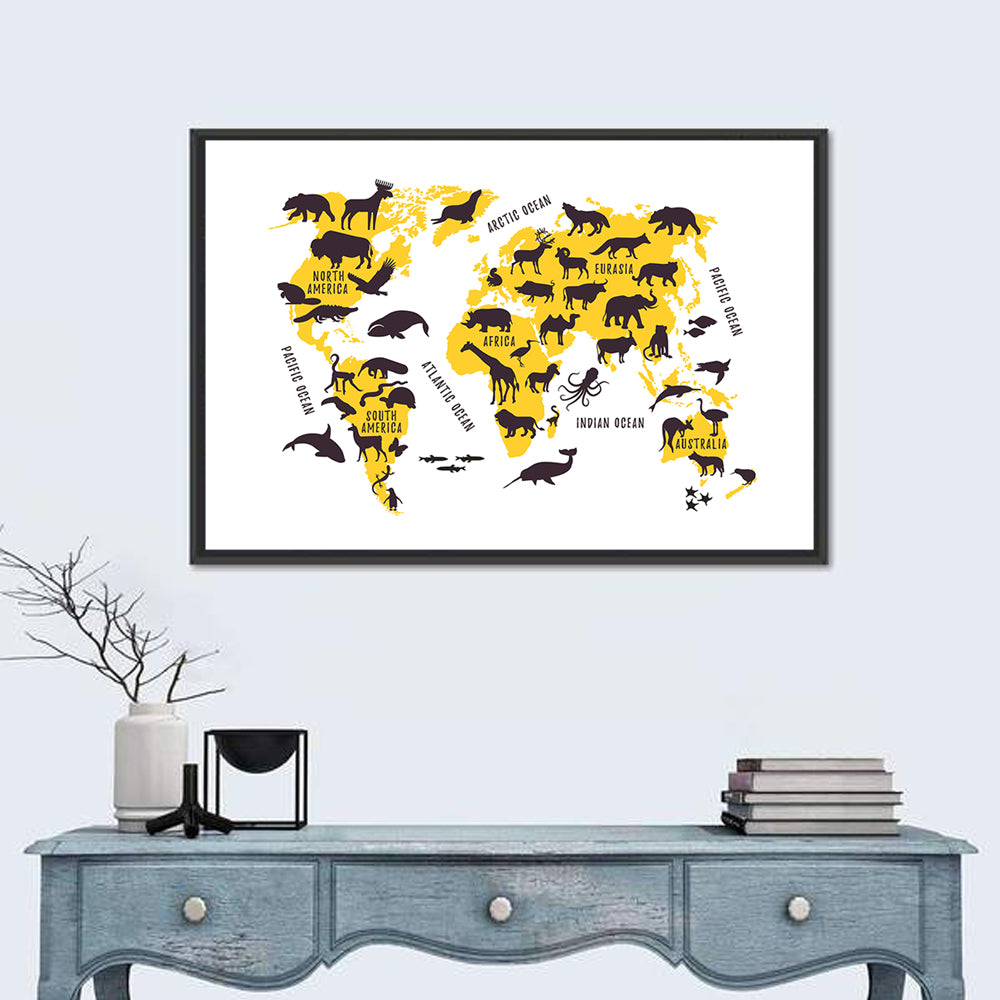 Animal World Map Wall Art in a room, landscape