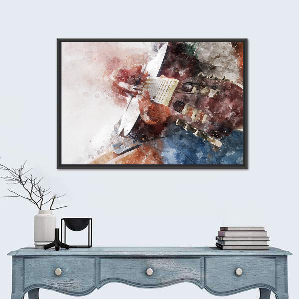 Acoustic Guitar Close Up Watercolor Wall Art in a room, landscape