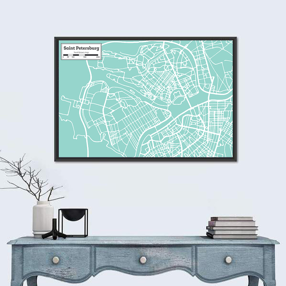 Saint Petersburg Teal City Map Wall Art