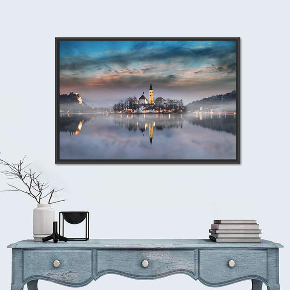 Lake Bled Misty Sunset Wall Art in a room, landscape