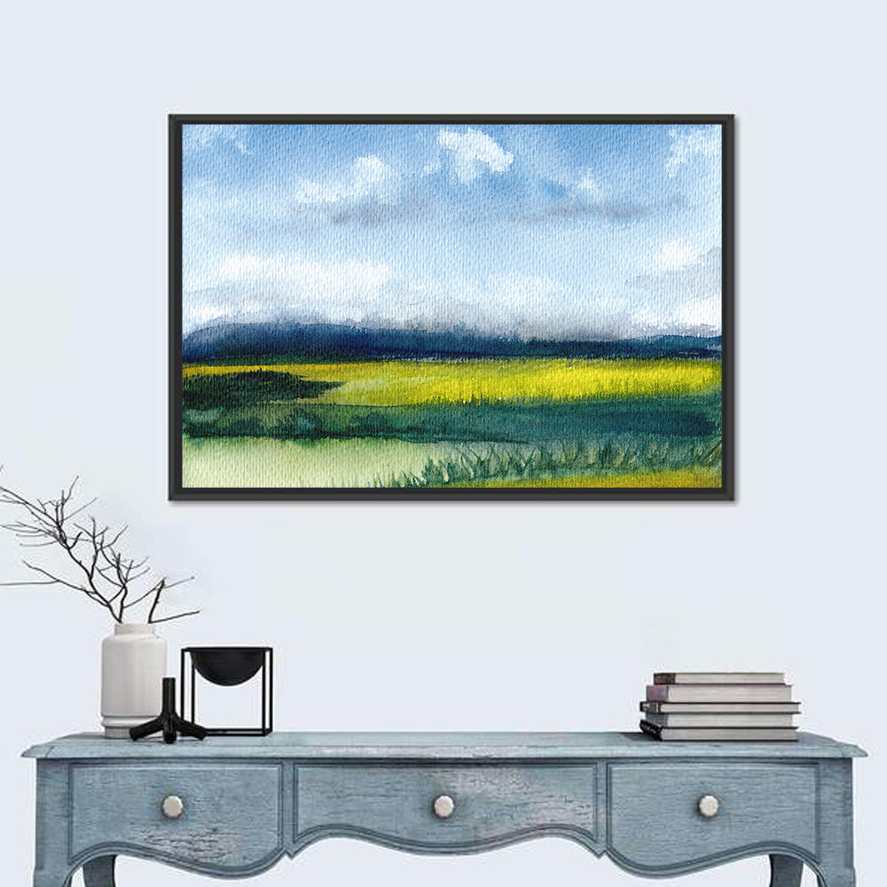 Summer Meadow Watercolor Wall Art in a room, landscape