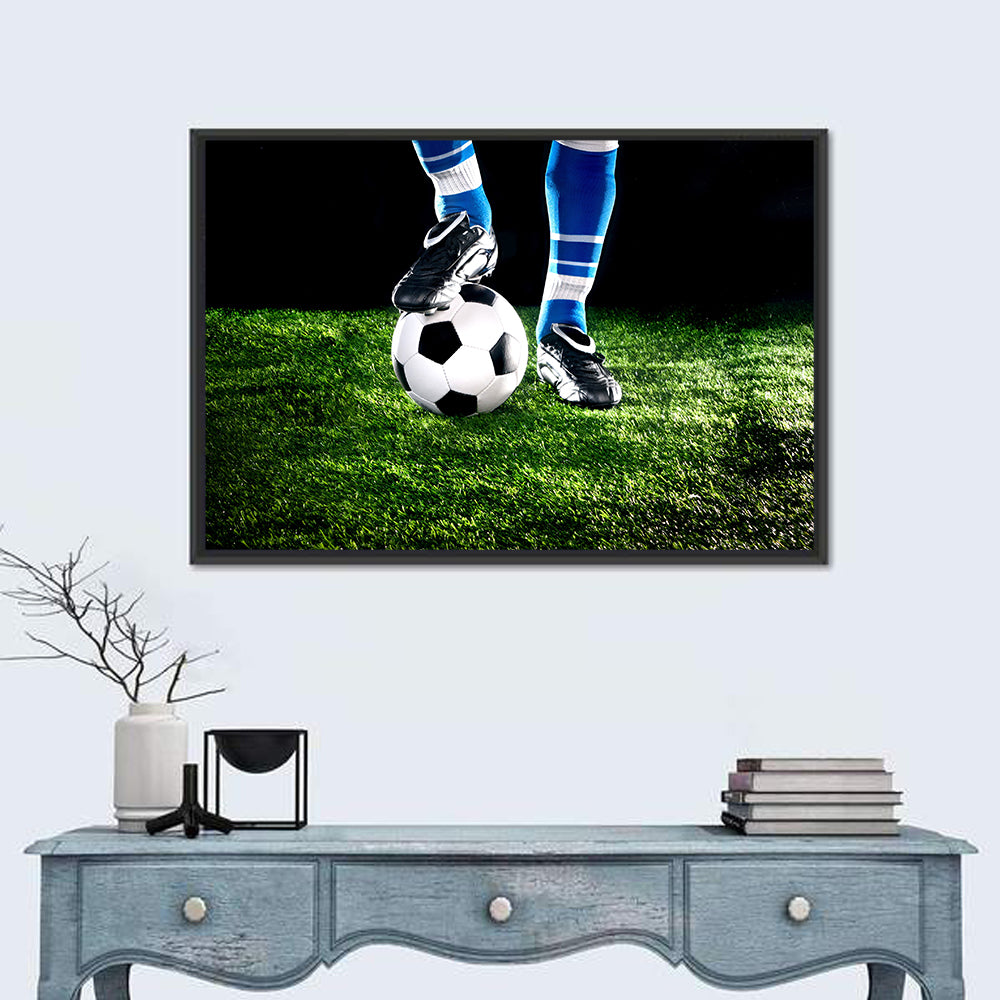 Soccer Ball Underfoot Close-up Wall Art in a room, landscape