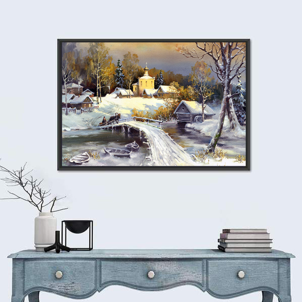Snowy Village Bridge Wall Art in a room, landscape