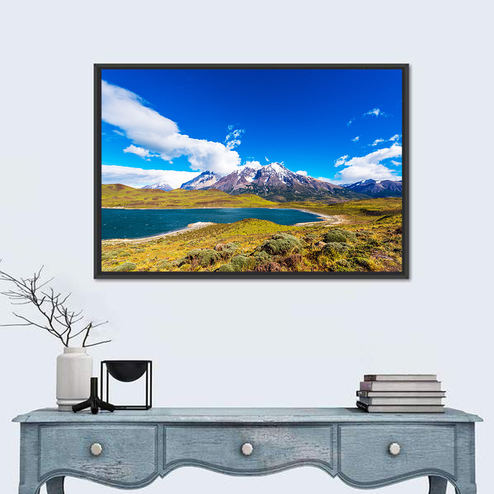 Lake Pehoe Wall Art in a room, landscape