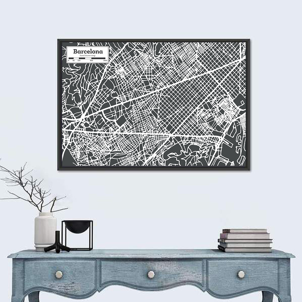 Barcelona Street Grid Map Wall Art in a room, landscape