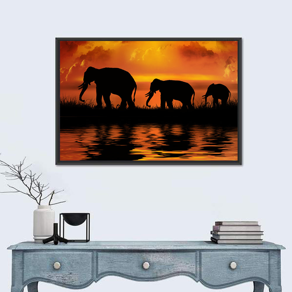 Elephants at Sunset Wall Art