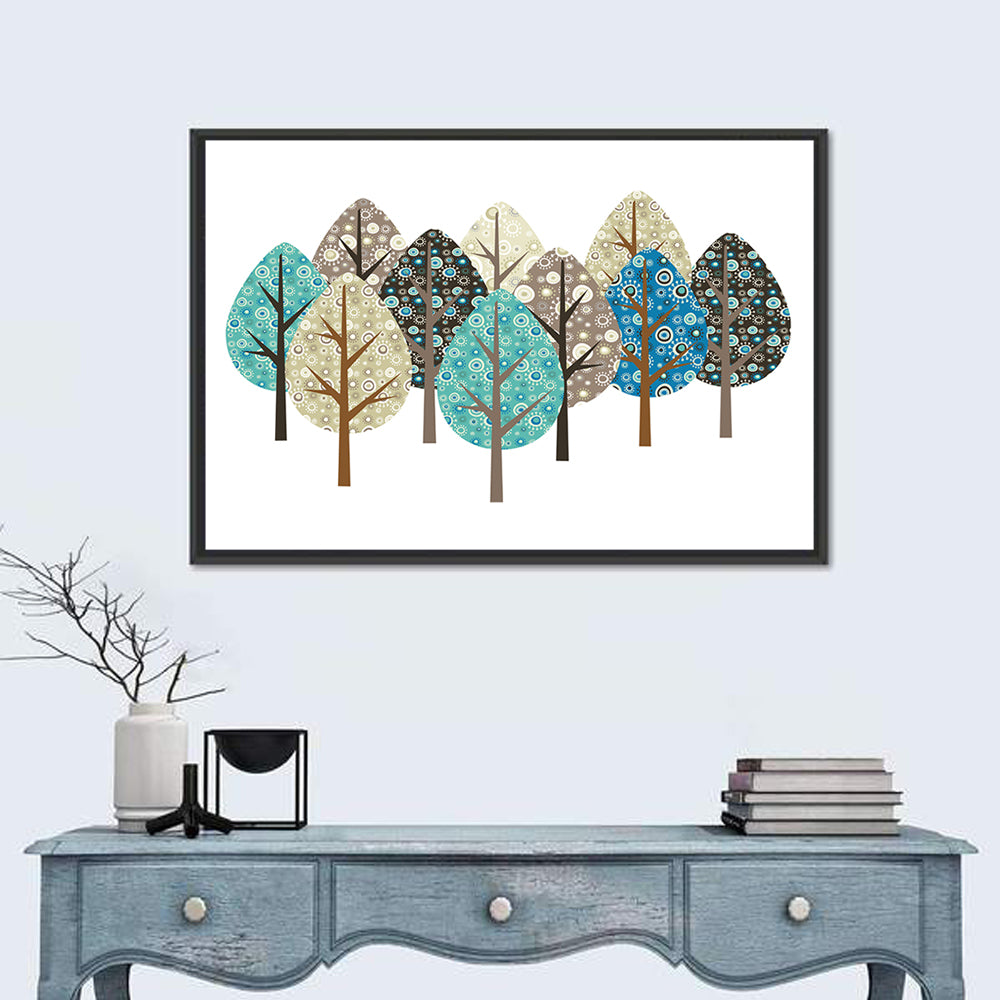 Blue Autumn Patterned Trees Wall Art in a room, landscape