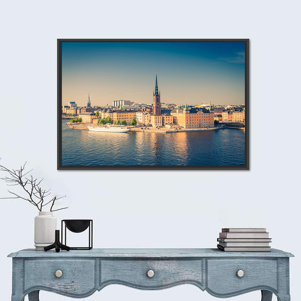 Riddarholmen Church Golden Hour Skyline Wall Art in a room, landscape