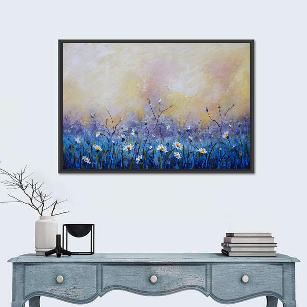 Chamomile Wildflower Meadow Wall Art in a room, landscape