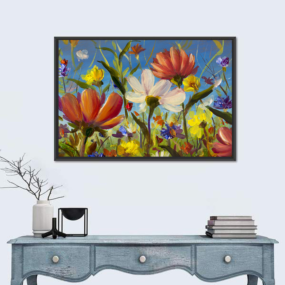 Sunlit Wildflower Meadow Wall Art in a room, landscape