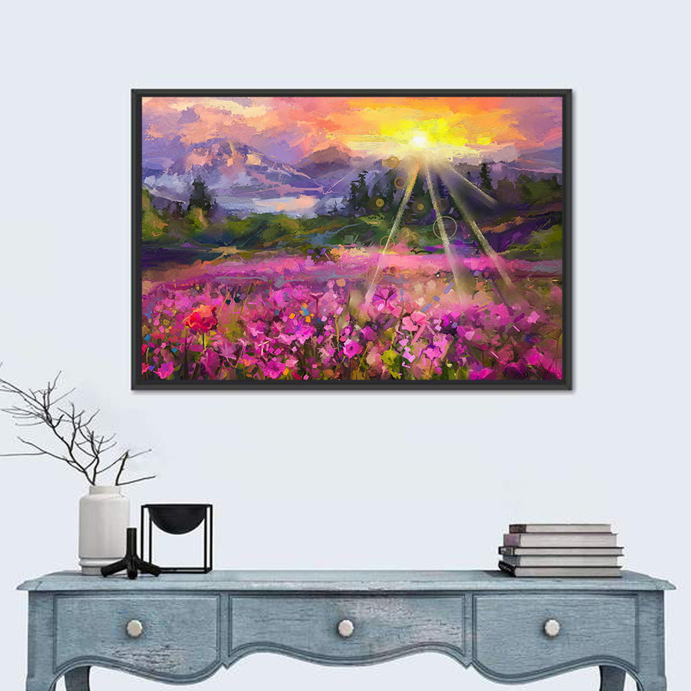 Cosmos Meadow Sunset Wall Art in a room, landscape