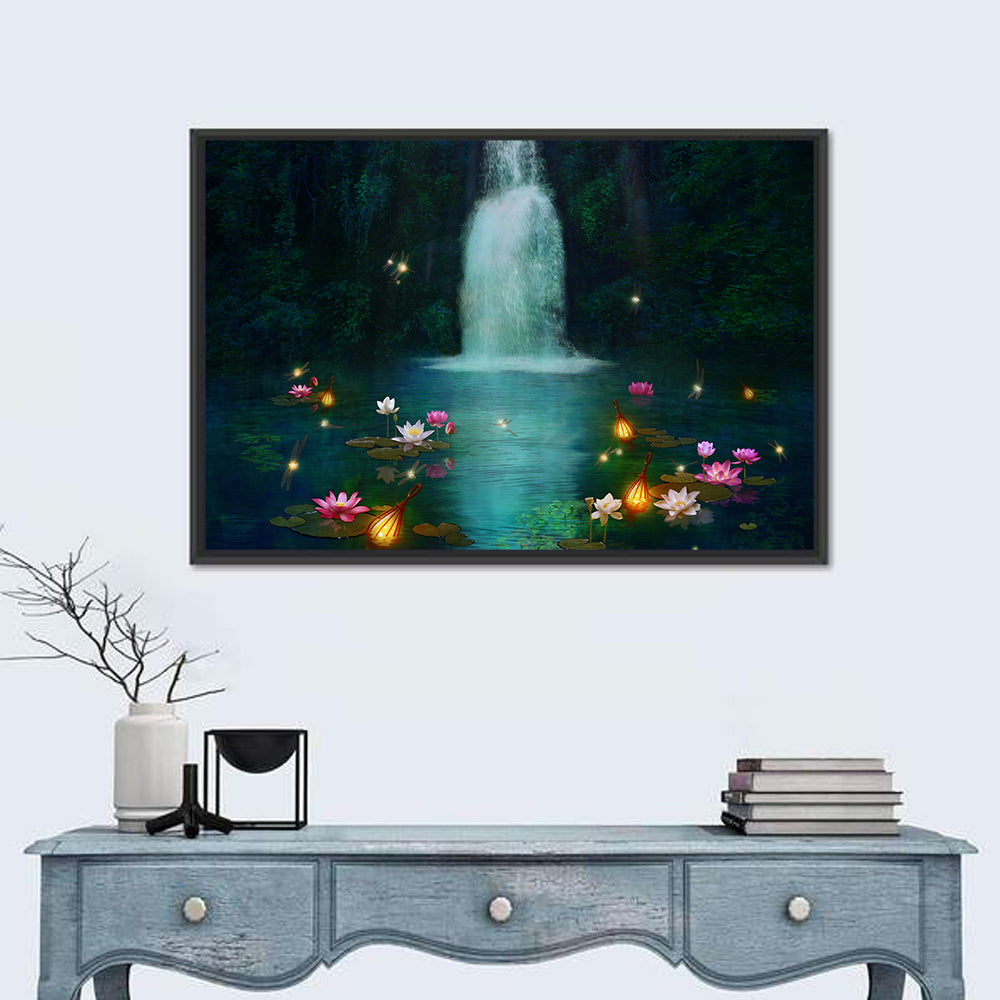 Moonlit Lotus Pond and Waterfall Wall Art in a room, landscape