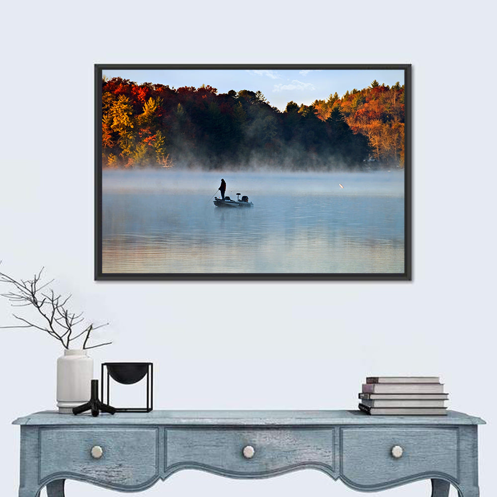 Misty Lake Fisherman Silhouette Wall Art in a room, landscape