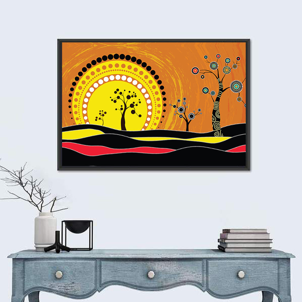 Aboriginal Dot Sunset Wall Art in a room, landscape