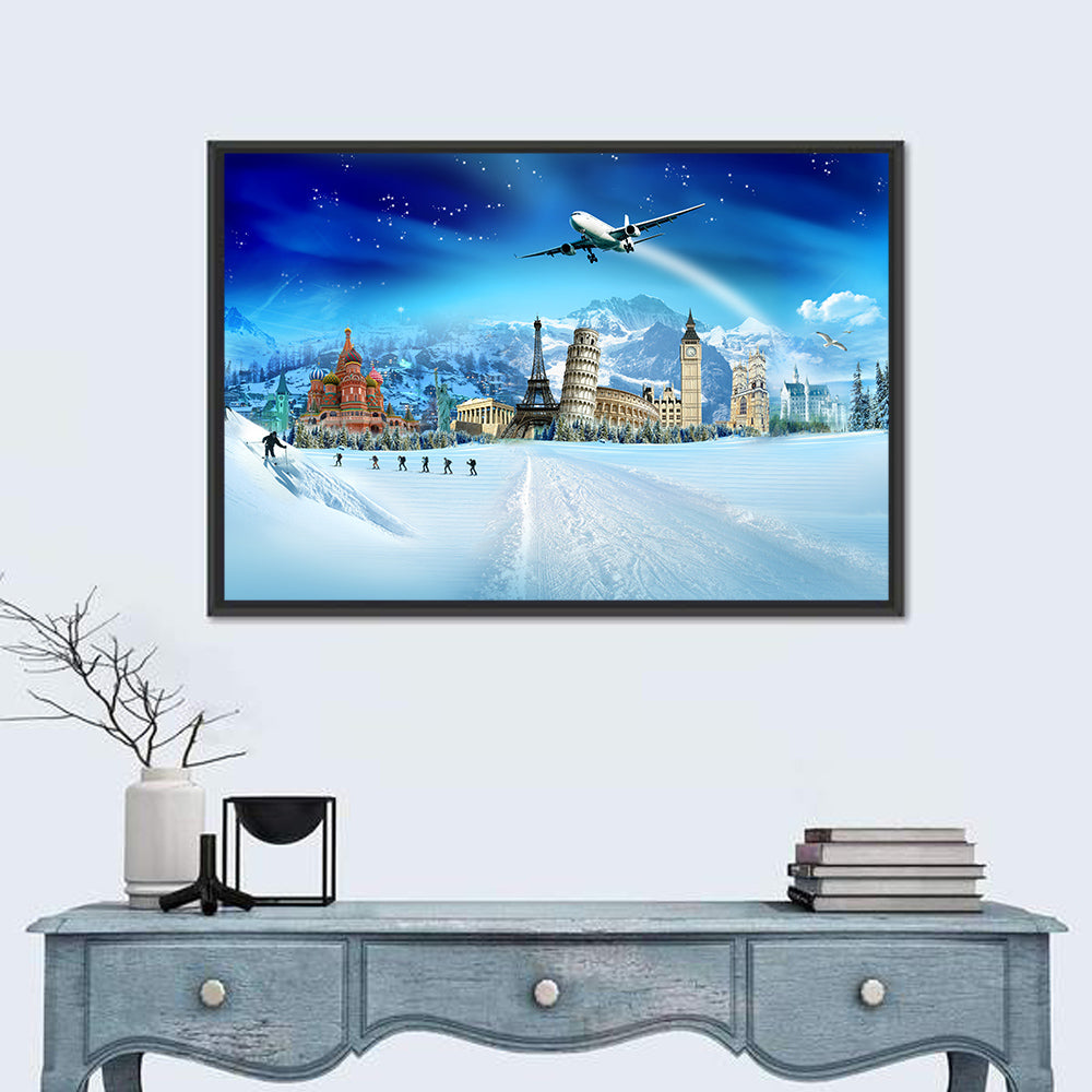 Global Winter Travel Montage Wall Art in a room, landscape