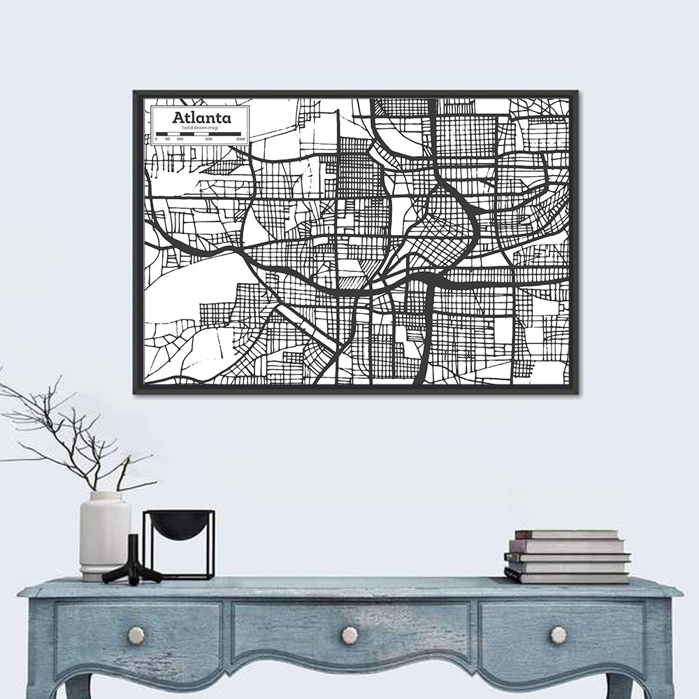 Atlanta Hand-drawn City Map Wall Art in a room, landscape