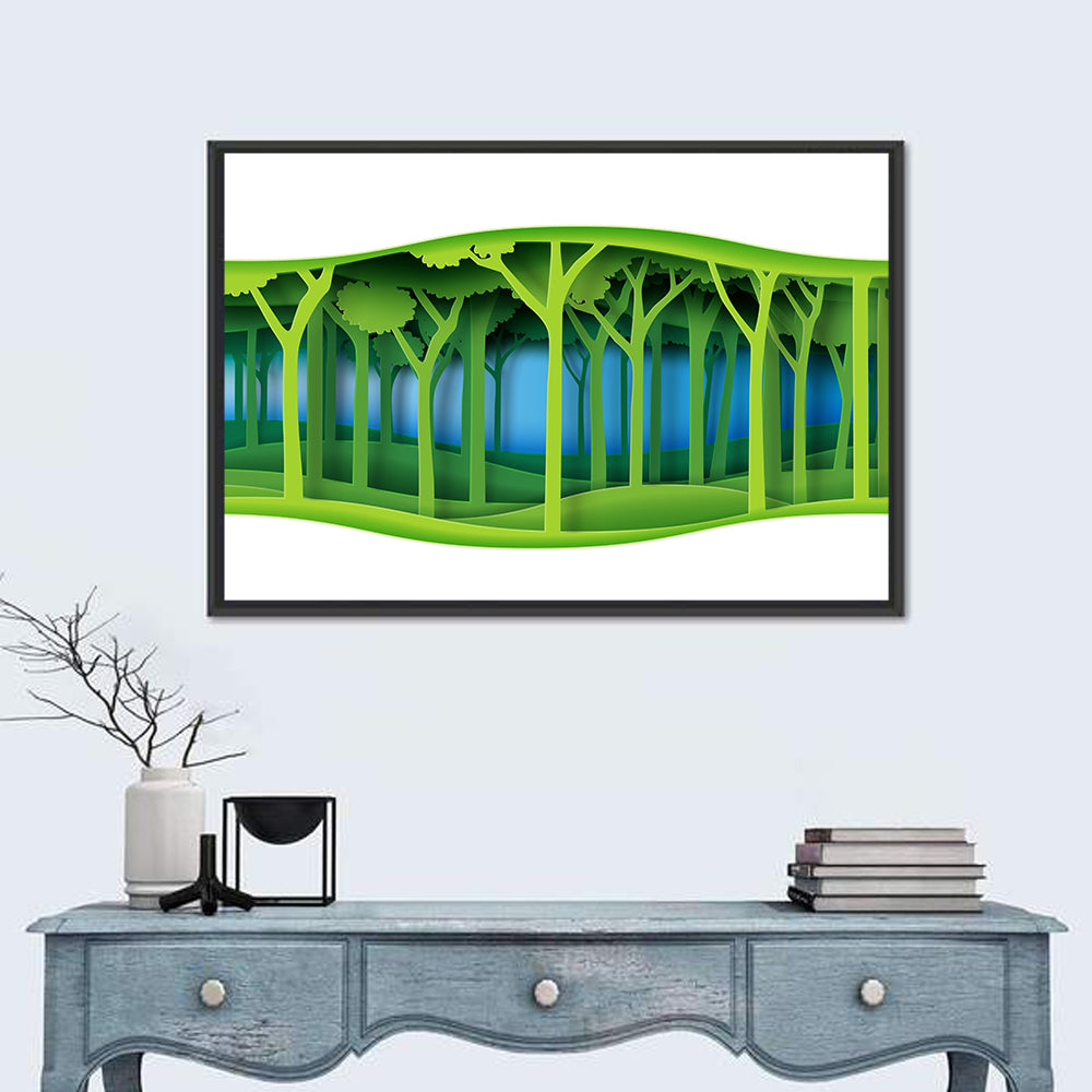 Layered Paper Forest Panorama Wall Art in a room, landscape