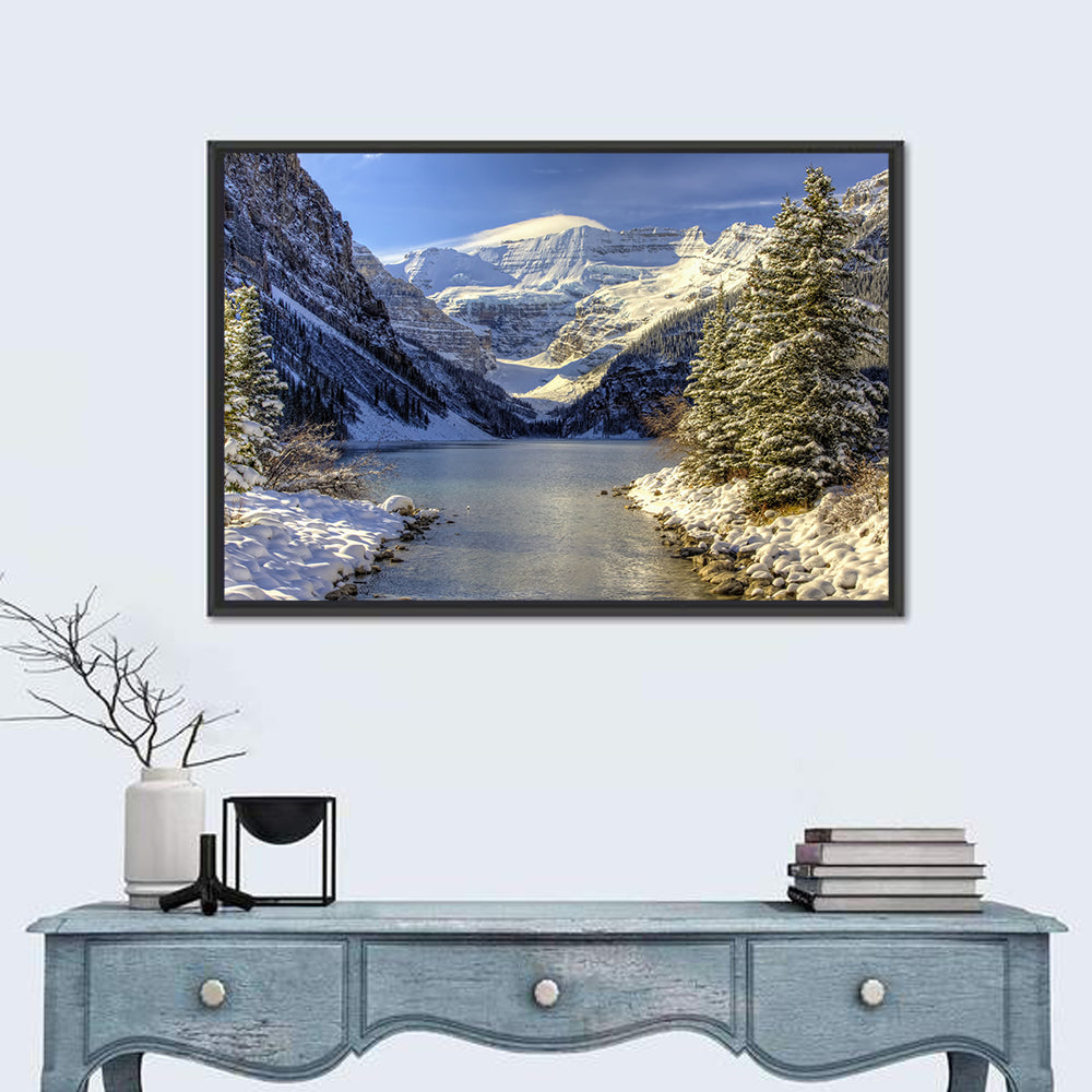 Lake Louise Snowy Shoreline Wall Art in a room, landscape