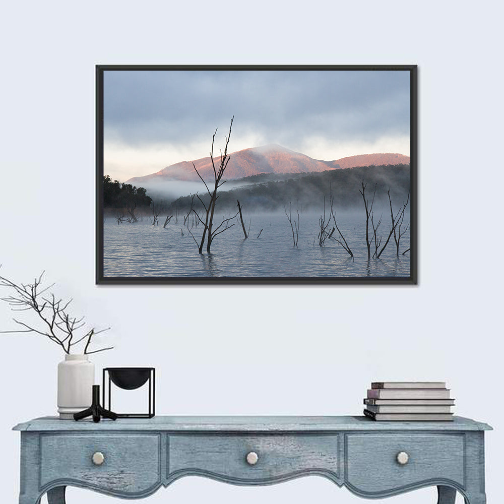 Lake Eildon Morning Mist Wall Art in a room, landscape