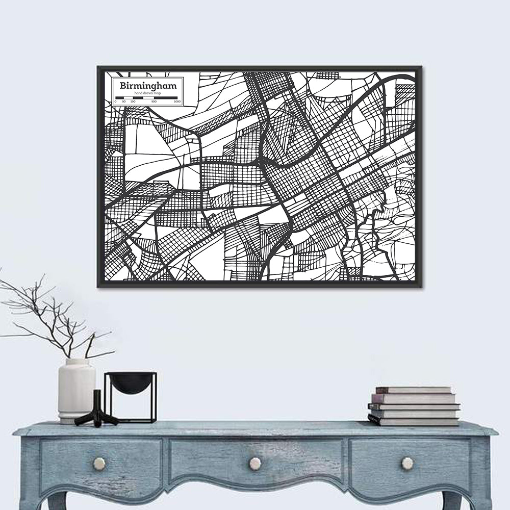 Birmingham Black and White City Map Wall Art in a room, landscape