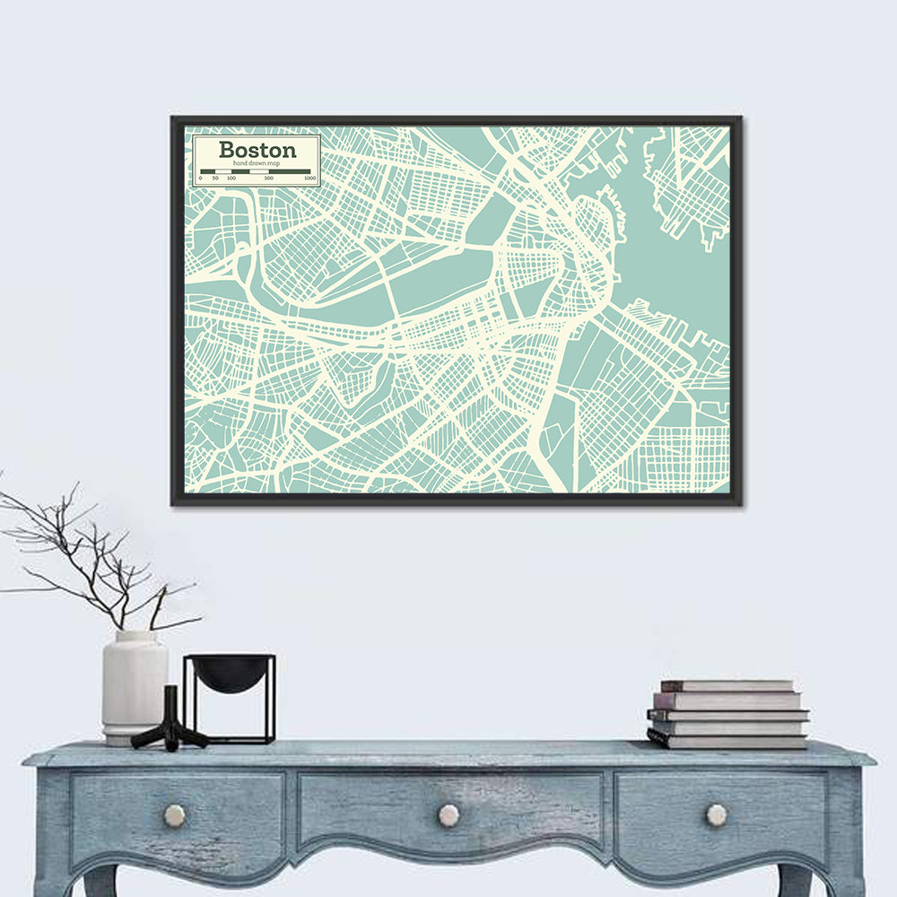 Boston Minimalist City Map Wall Art in a room, landscape