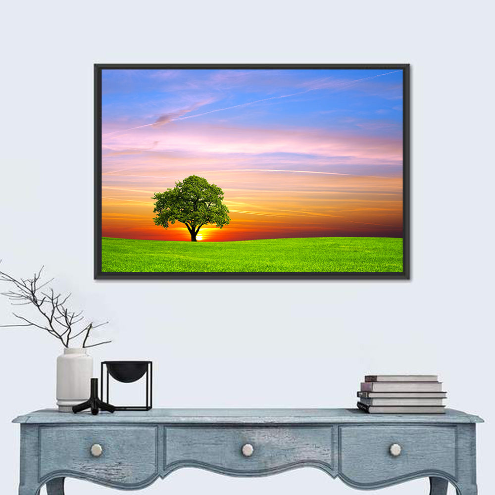Lone Tree at Sunset Wall Art in a room, landscape