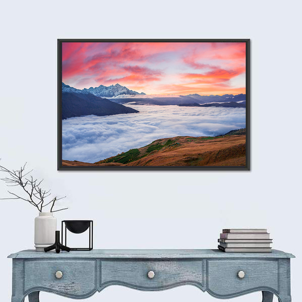 Mt Tetnuld Sunrise Over Clouds Wall Art in a room, landscape