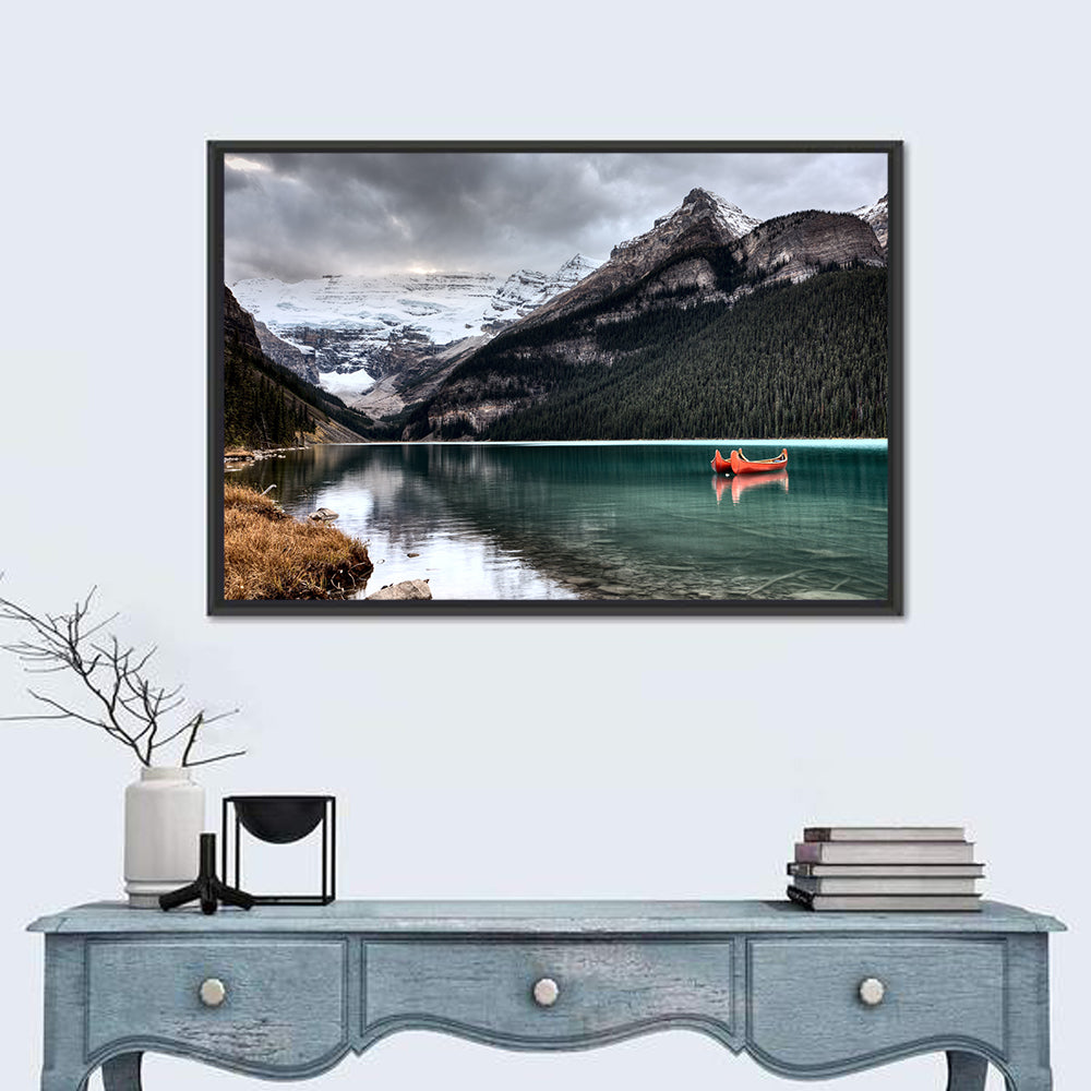 Lake Louise Canoes and Glacier Wall Art in a room, landscape