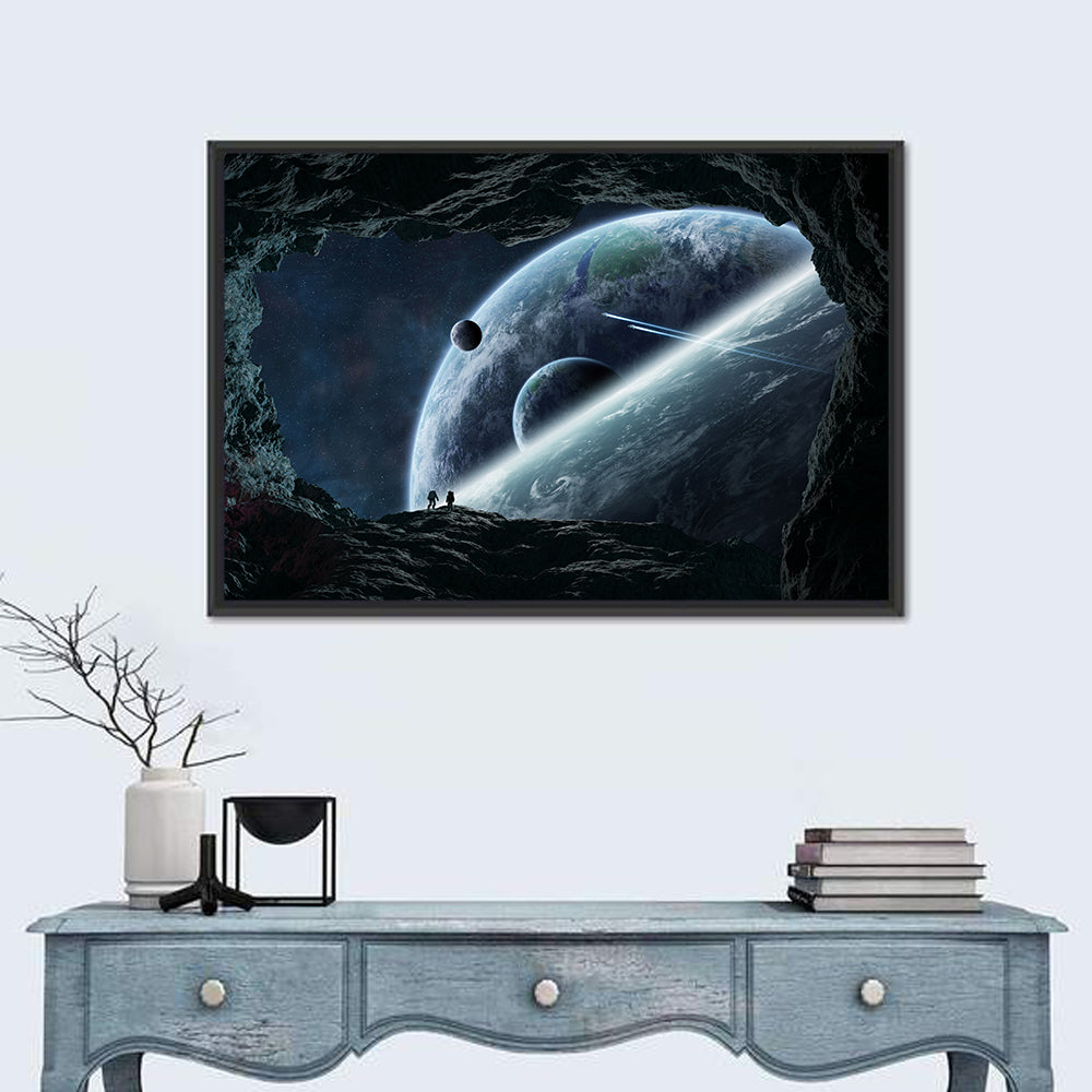 Astronaut Silhouettes in Cave Wall Art in a room, landscape