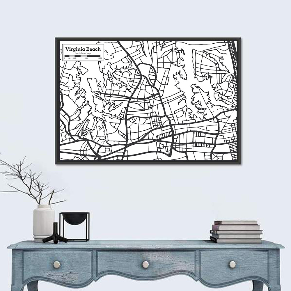 Virginia Beach Hand-drawn City Map Wall Art in a room, landscape