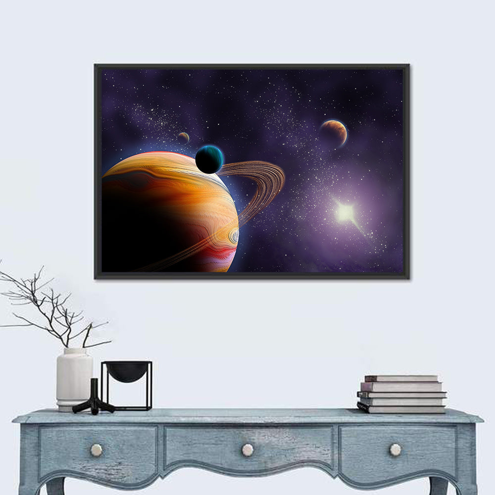 Ringed Planet in Deep Space Wall Art in a room, landscape