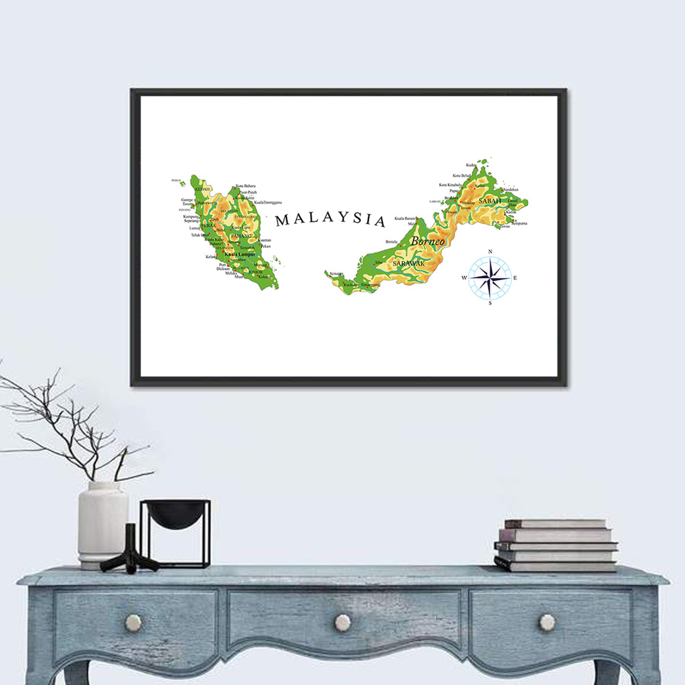 Malaysia Topographic Map Wall Art in a room, landscape