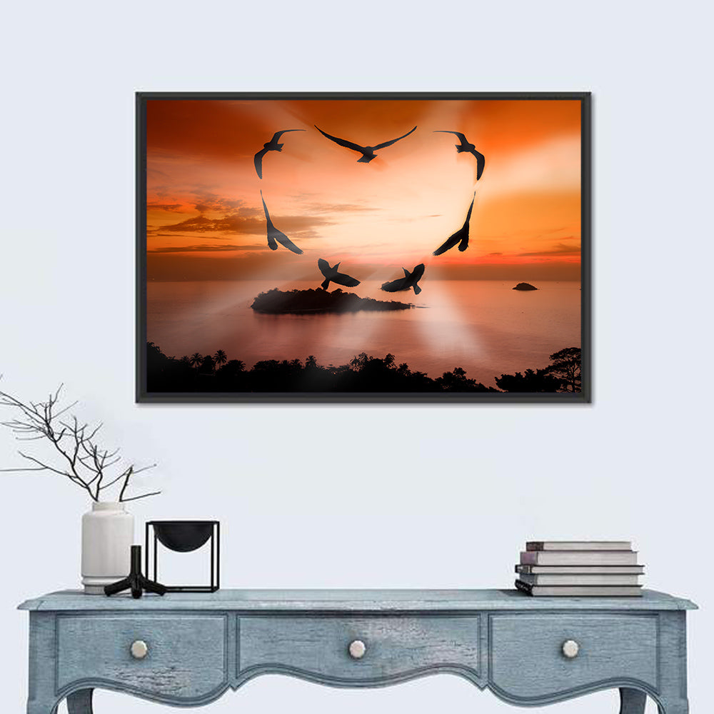 Heart-shaped Birds at Sunset Wall Art in a room, landscape