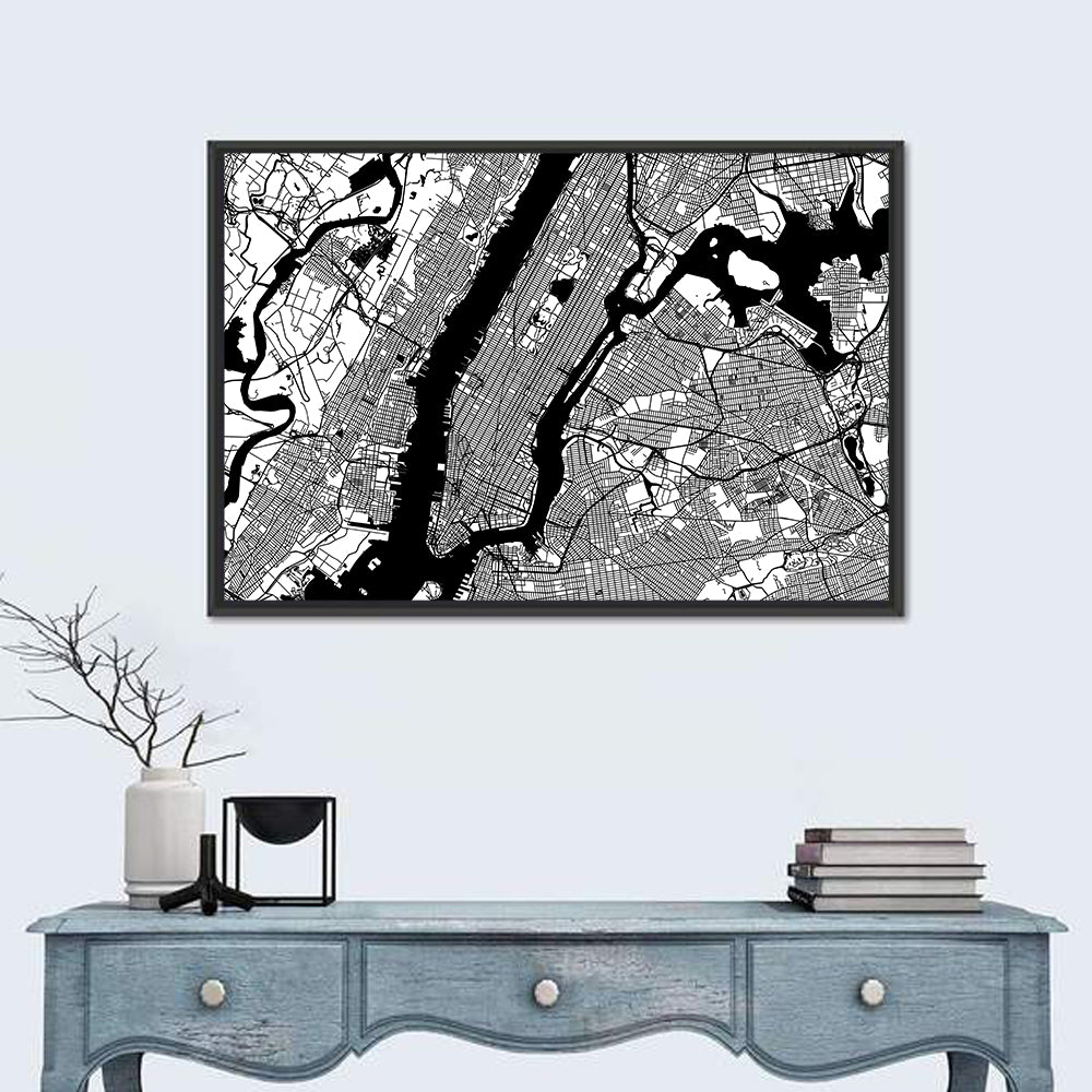 Minimalist Manhattan Map Wall Art in a room, landscape