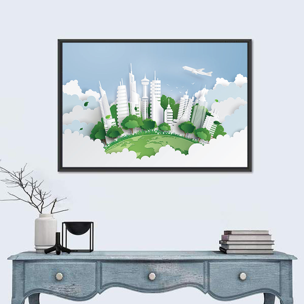 Green Globe Cityscape Wall Art in a room, landscape