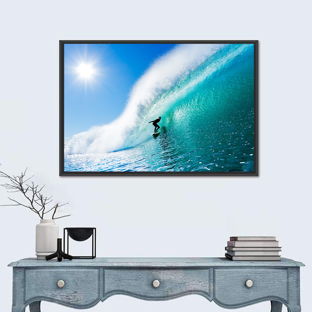 Surfer Inside Blue Barrel Wave Wall Art in a room, landscape