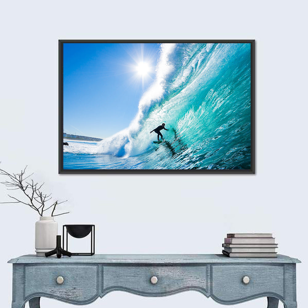 Sunlit Blue Wave with Surfer Wall Art in a room, landscape
