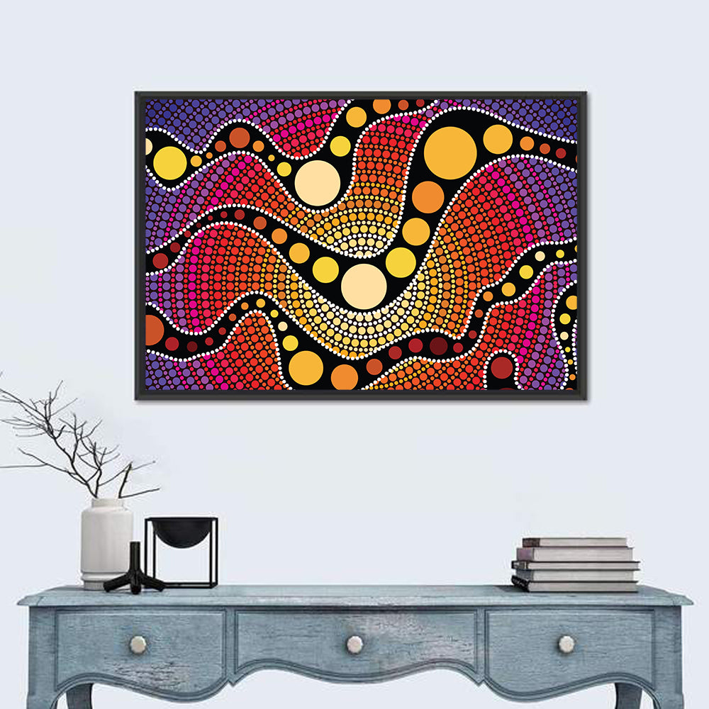 Aboriginal Dot Waves Wall Art in a room, landscape