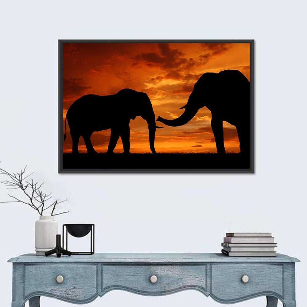 Elephants at Golden Sunset Wall Art