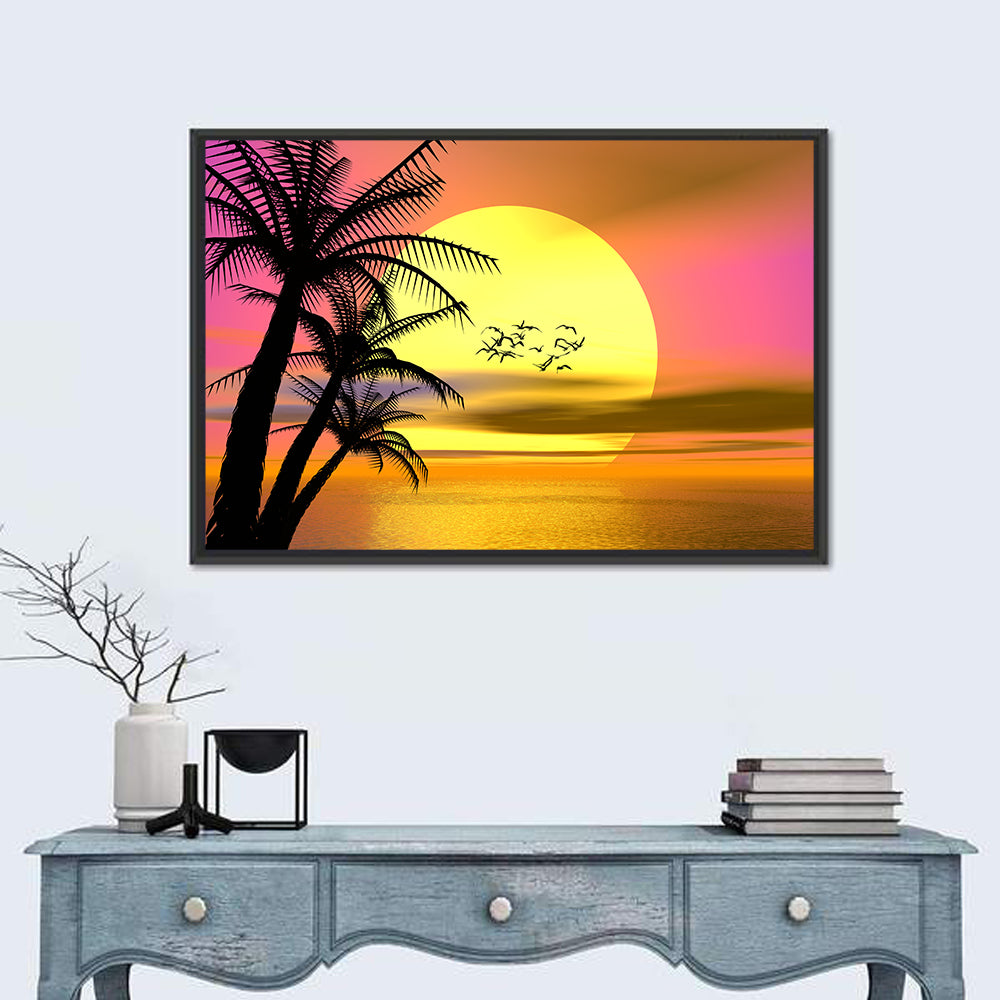 Tropical Sunset with Palm Silhouettes Wall Art in a room, landscape