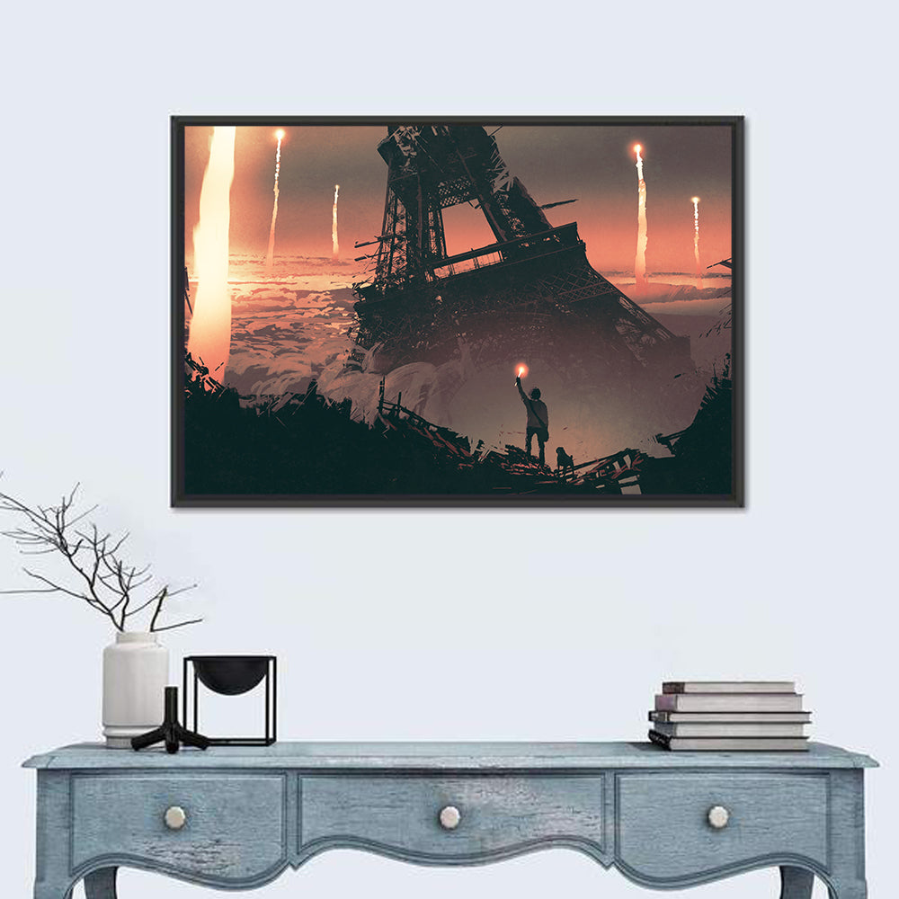 Eiffel Tower Aftermath Wall Art in a room, landscape
